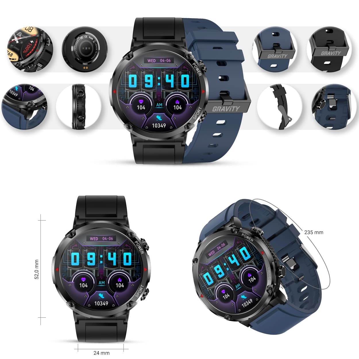 Elegancki Smartwatch Gravity GT21-5 Granatowy Pasek Silikonowy 🕰️